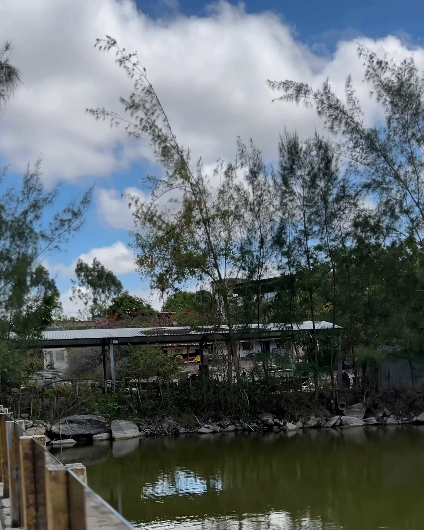 Lago do Complexo Turístico e Cultural Mastodonte, cercado de árvores.
